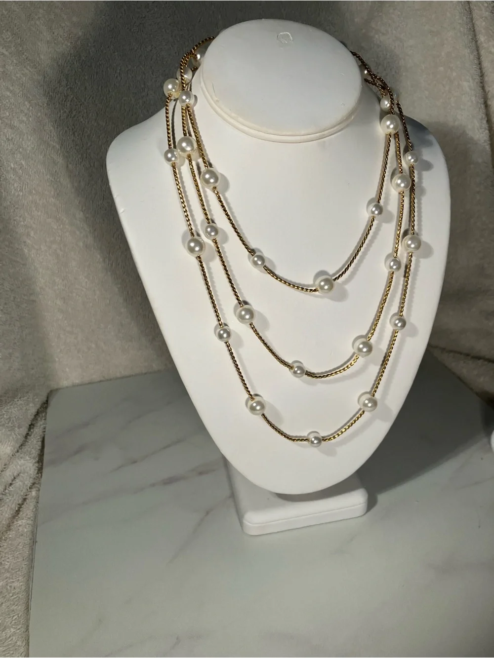 Gold Faux Pearl Necklace Elegant station design 61” works for layering or alone